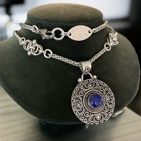 925 sterling silver overlay blue lapis round charm gemstone boho Celtic necklace - Picture 2 of 11